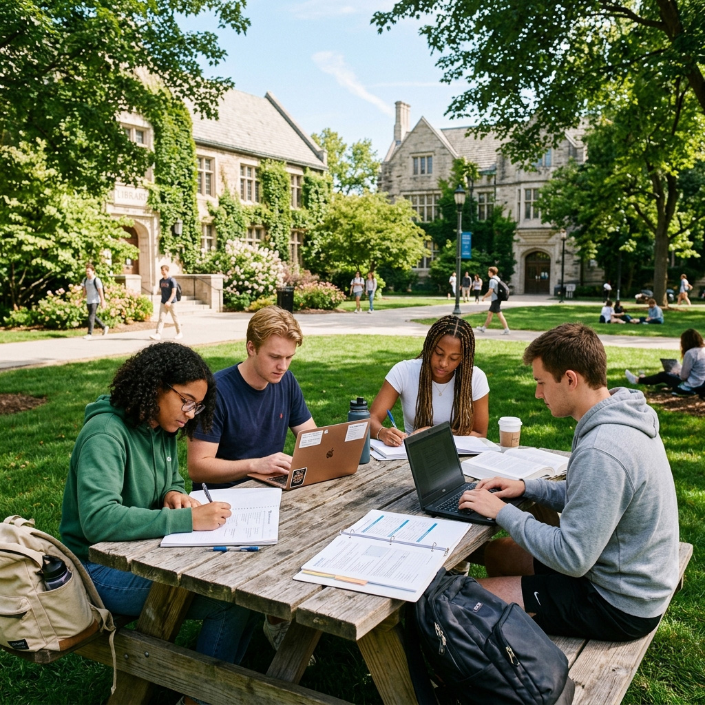 4 college students at a table