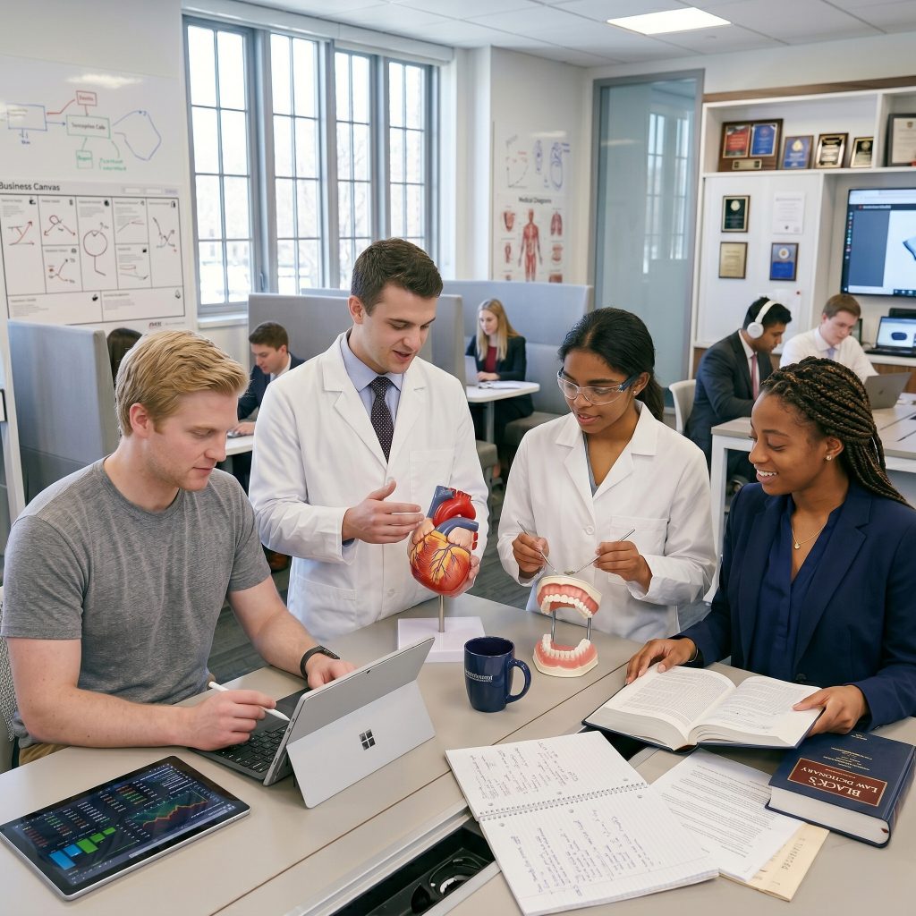4 graduate students at in study hall